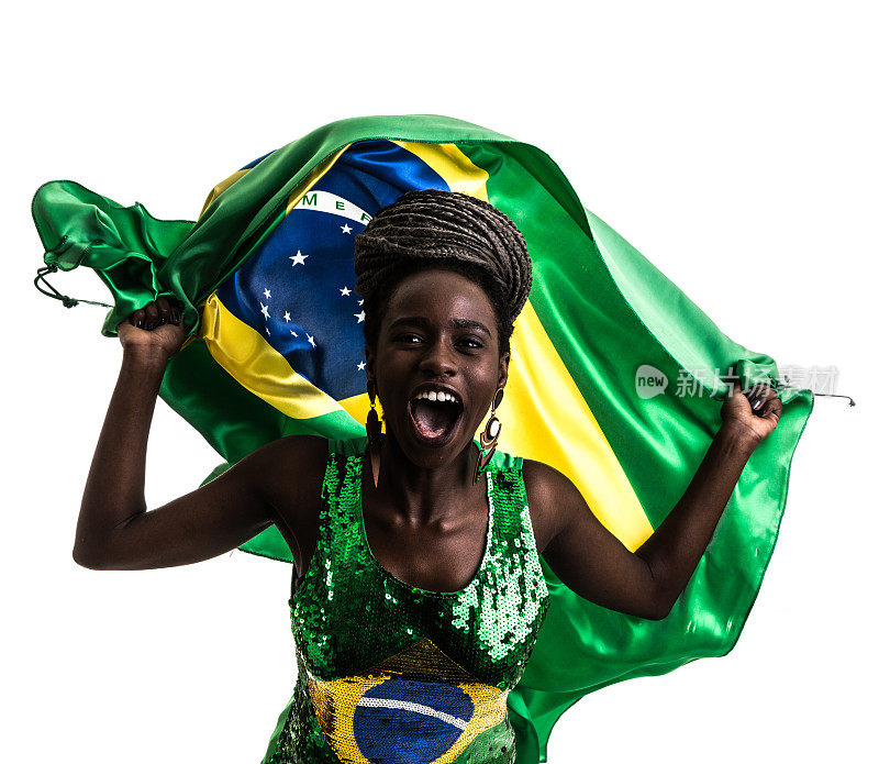 巴西女运动员/粉丝在白色背景下庆祝